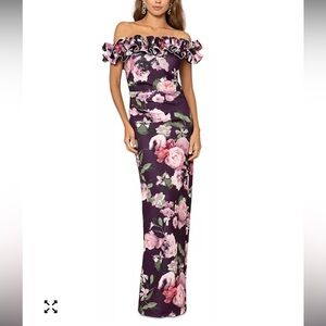 Xscape Floral Off-Shoulder Maxi Dress - Purple and Pink